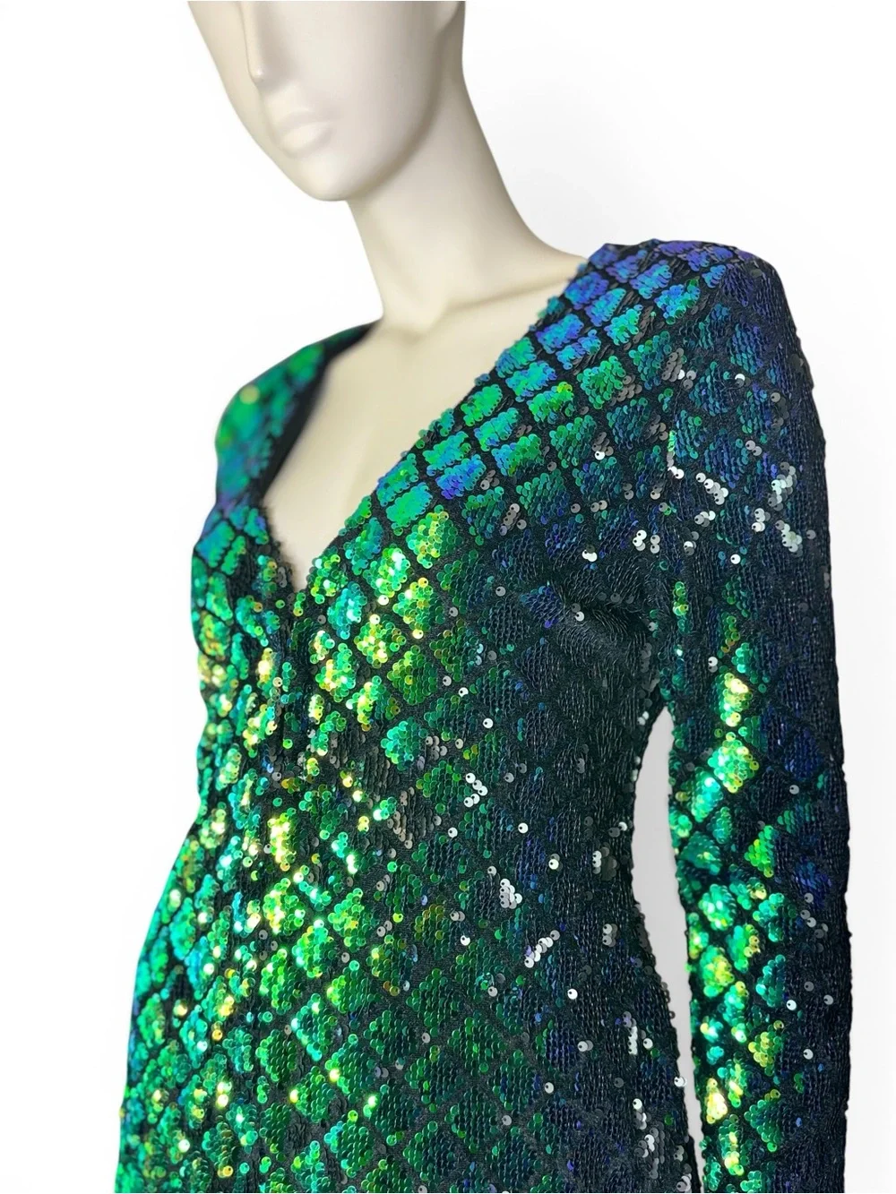 Sequin Mermaid Green-Blue V-Neck Mini Dress